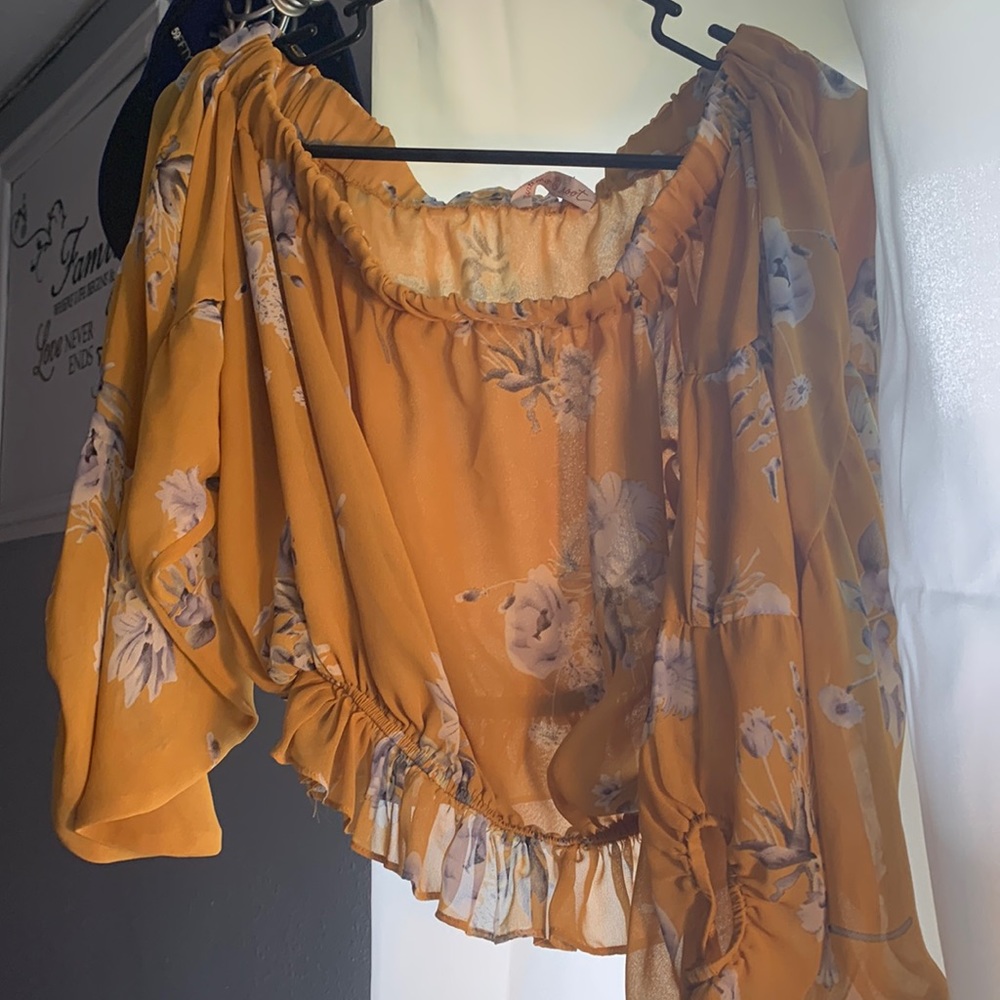 off the shoulder yellow flower shirt